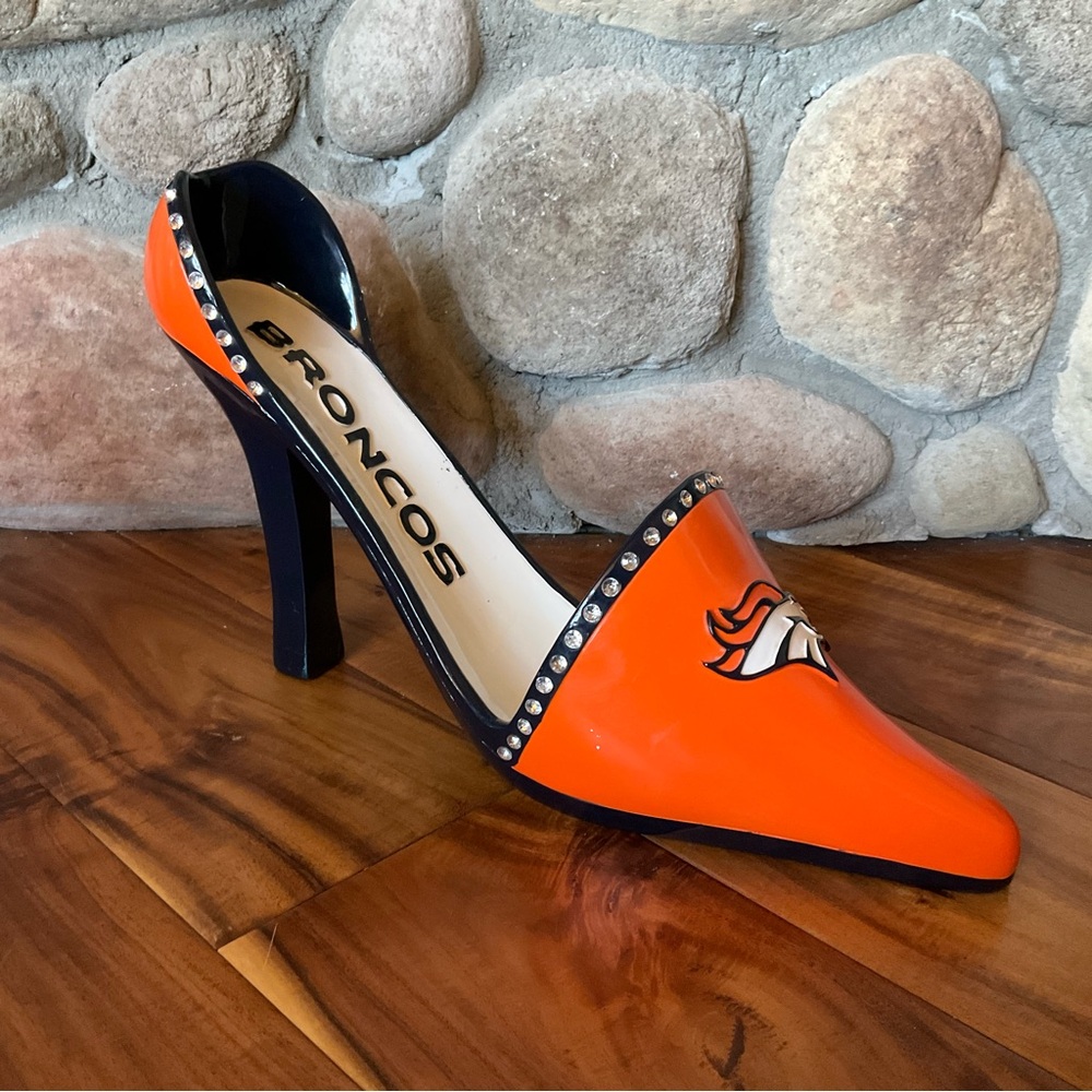 Denver Broncos Stiletto Rhinestone Shoe Bottle Holder